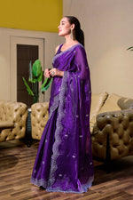 Thumbnail for Vastranavya Purple-Blue Embroidery Work Shimmer Chiffon Saree with Unstitched Blouse