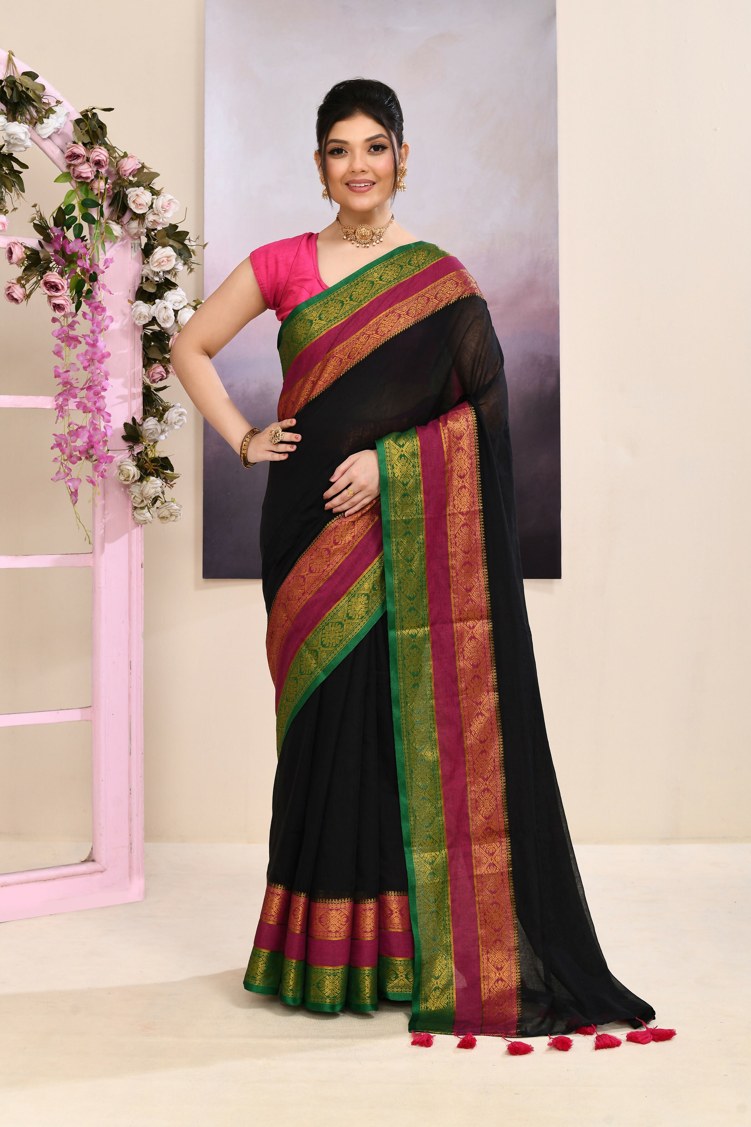 Piyari Fashion Women's Black Embellished Zari Border Cotton Saree - Dista