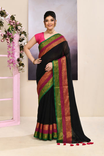 Piyari Fashion Women's Black Embellished Zari Border Cotton Saree - Dista