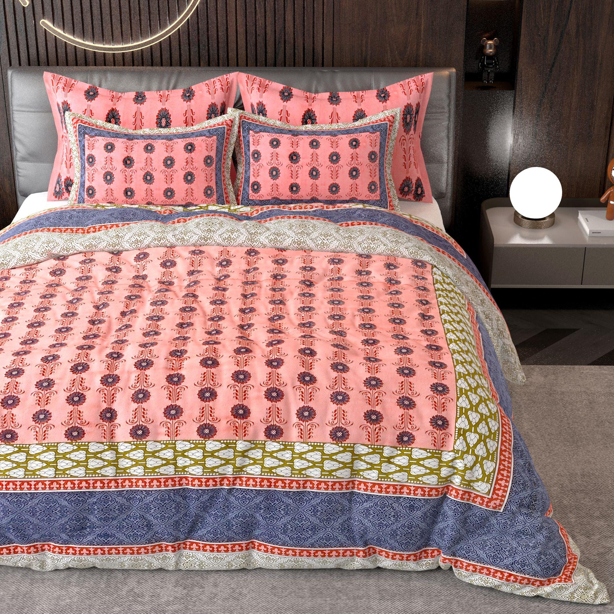 Off Orange Blue Ethnic Motifs Cotton 220 TC King Bedsheet With 2 Zipper Pillow Covers - King Size by House of Ree - Distacart