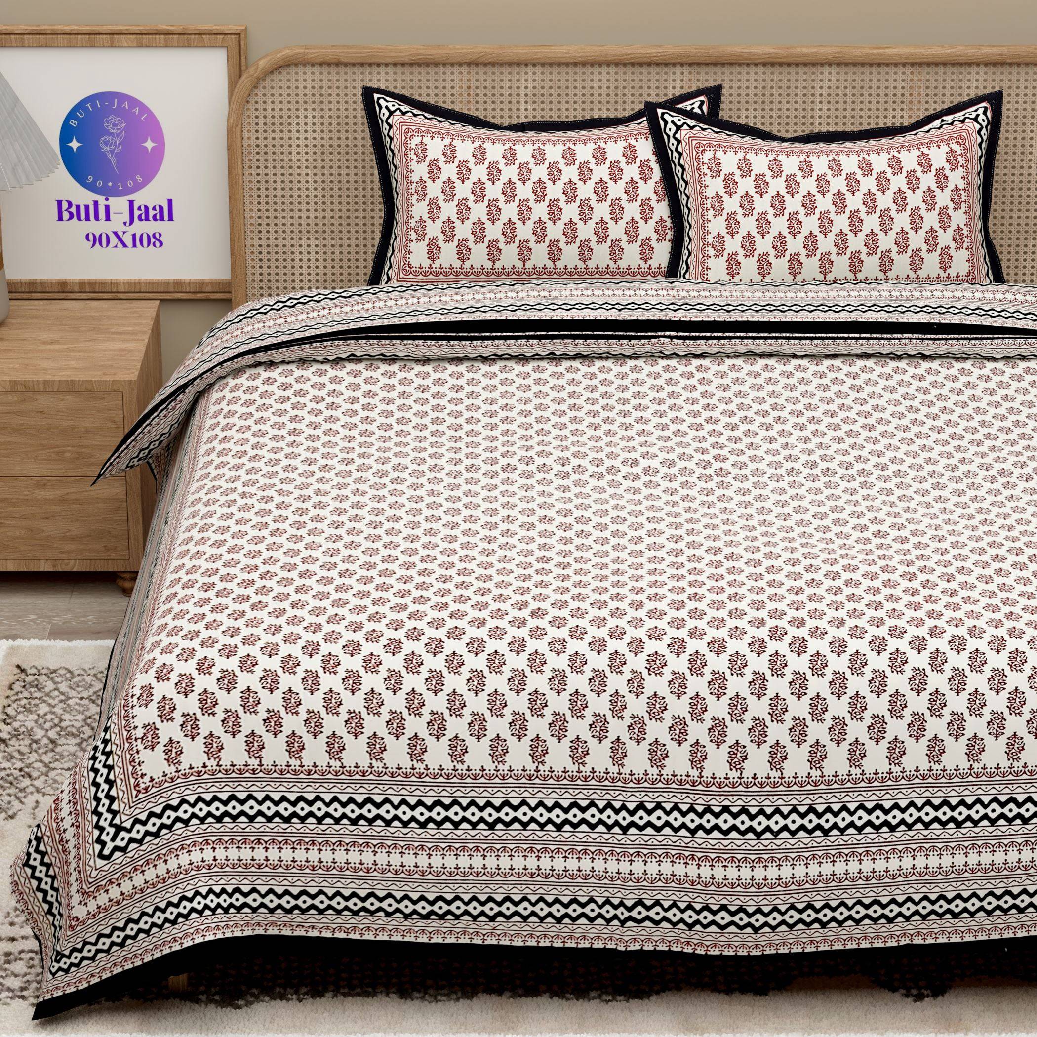 Red Black Handblock Printed Cotton 200TC King Bedsheet With 2 Zipper Pillow Covers - King Size by House of Ree - Distacart