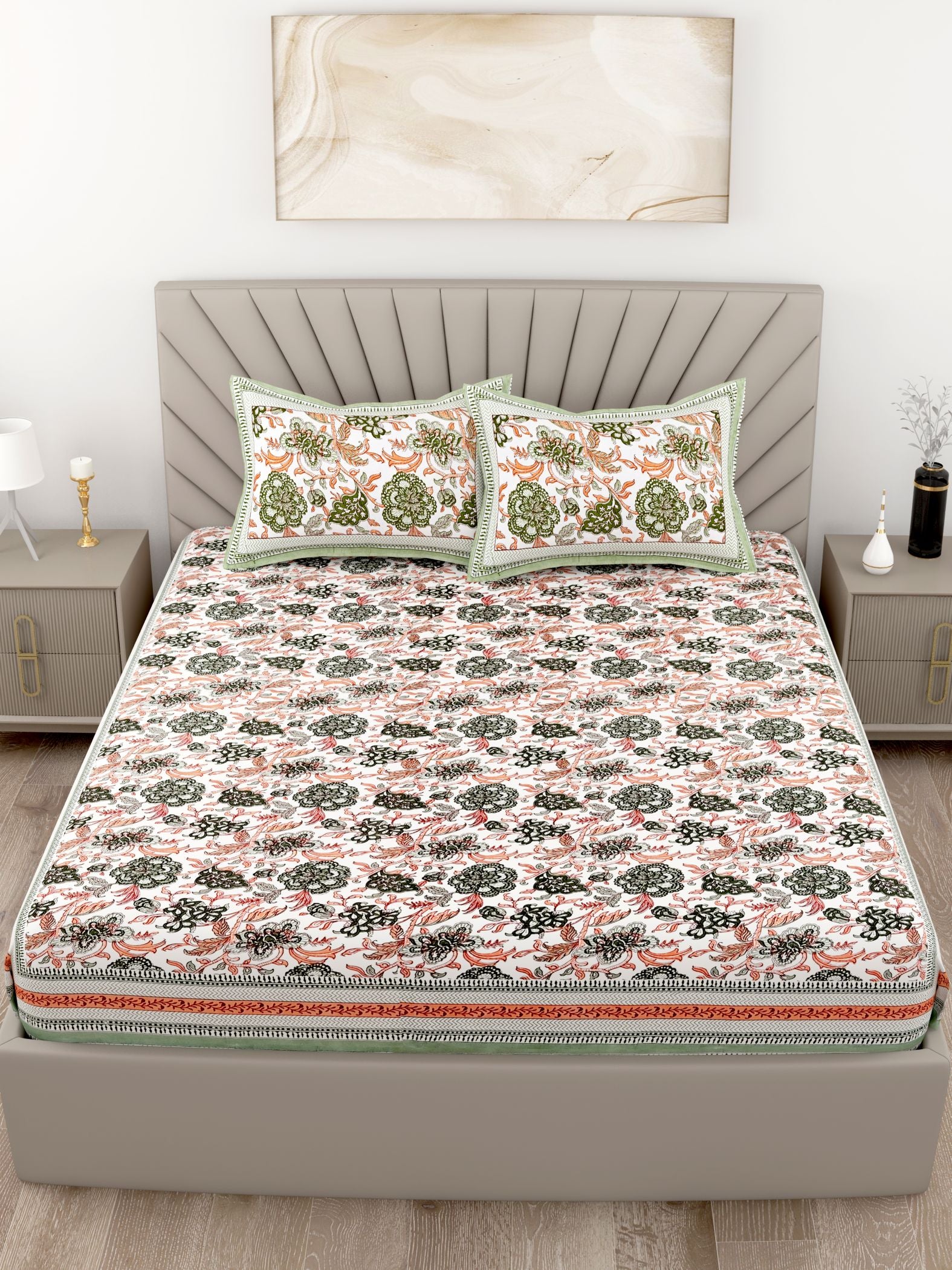Green Orange Floral Printed Cotton 200TC King Bedsheet With 2 Zipper Pillow Covers - King Size by House of Ree - Distacart