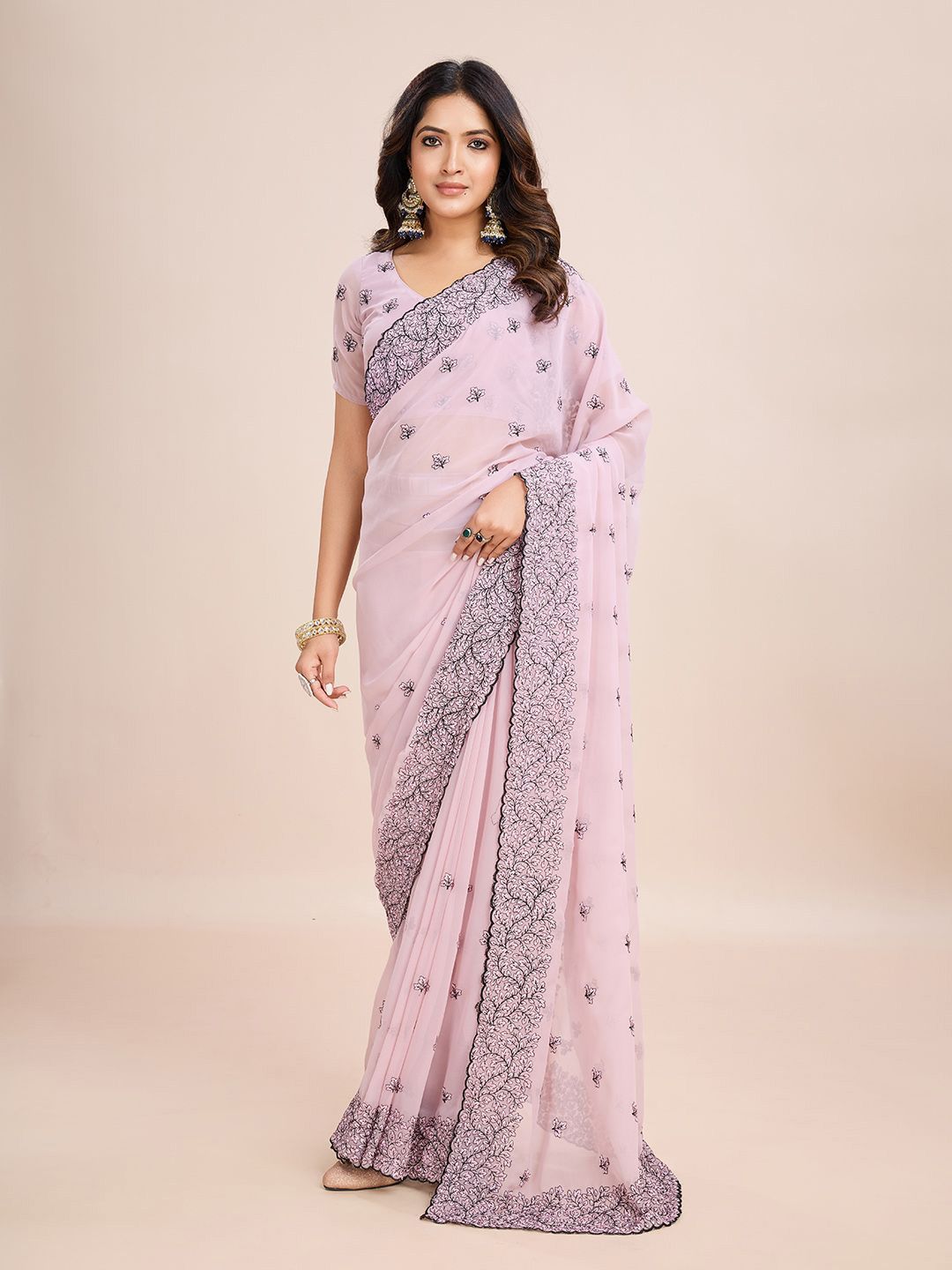kasee Floral Embroidered Pure Chiffon Ready to Wear Saree - Distacart