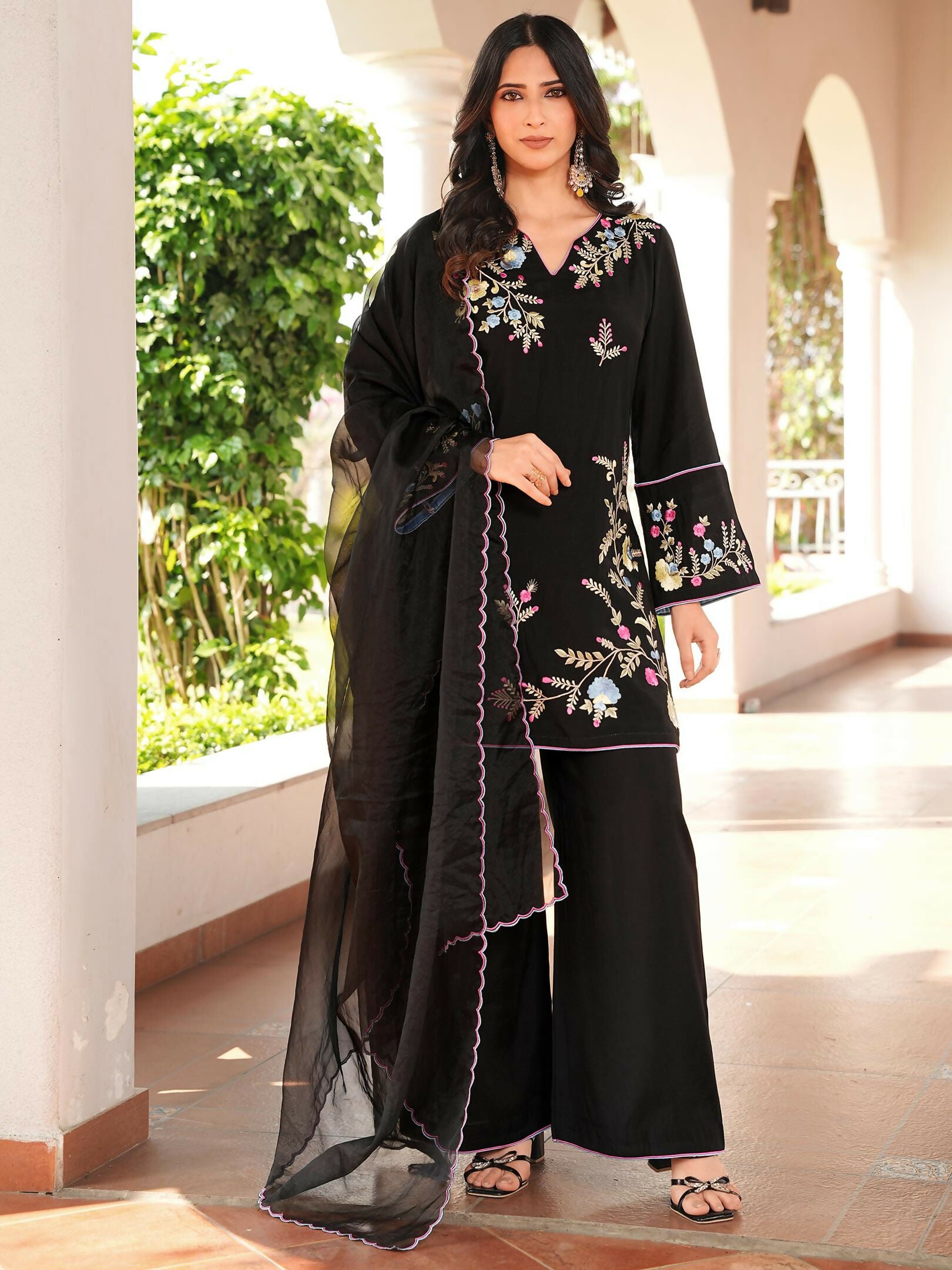 Nikhaar Black Embroidered Art Silk Stitched Straight Cut Kurta Culottes Dupatta Readymade Suit - Dista
