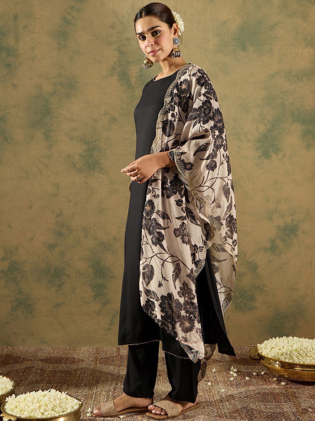 Indo Era Round Neck Straight Kurta With Trousers & Dupatta