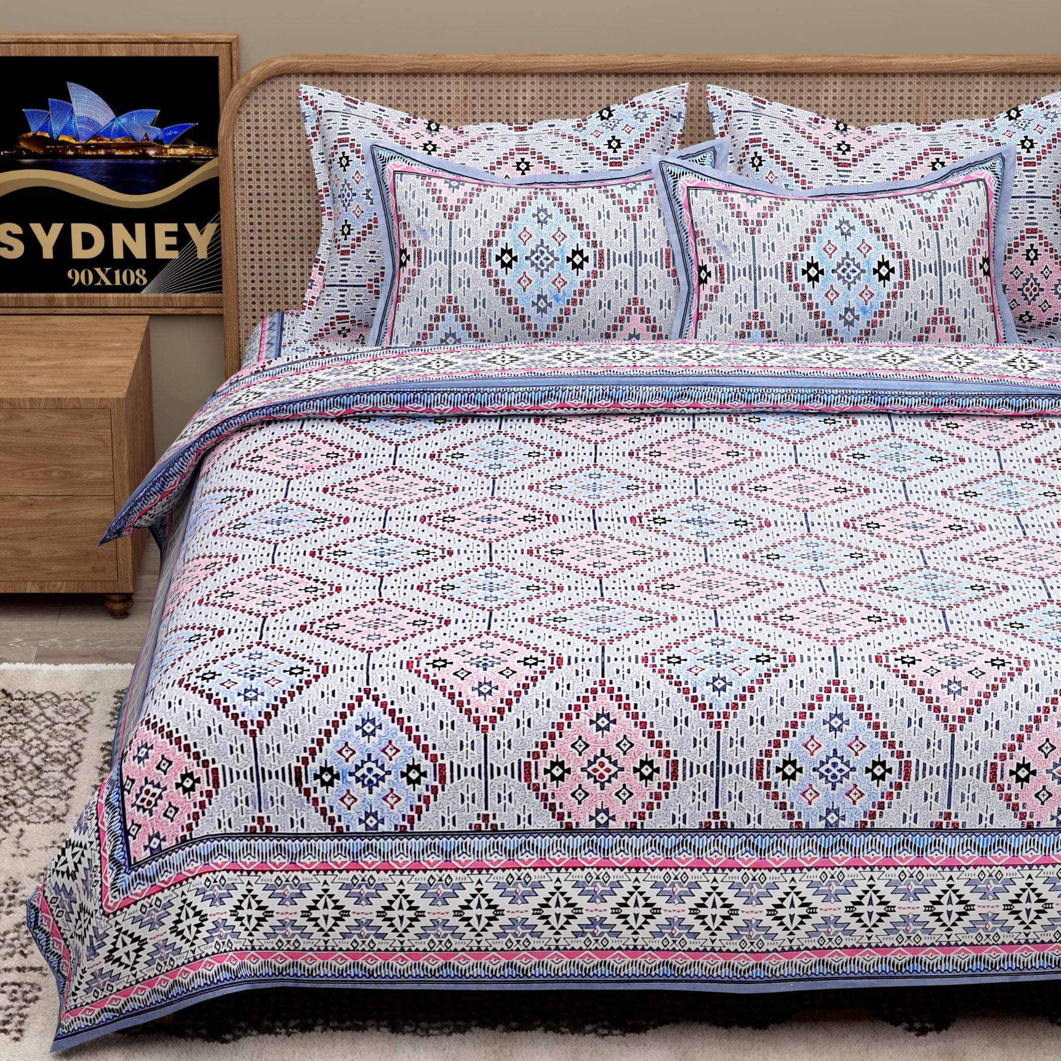 White Blue Ethnic Motifs Cotton 200TC King Bedsheet With 2 Zipper Pillow Covers - King Size by House of Ree - Distacart