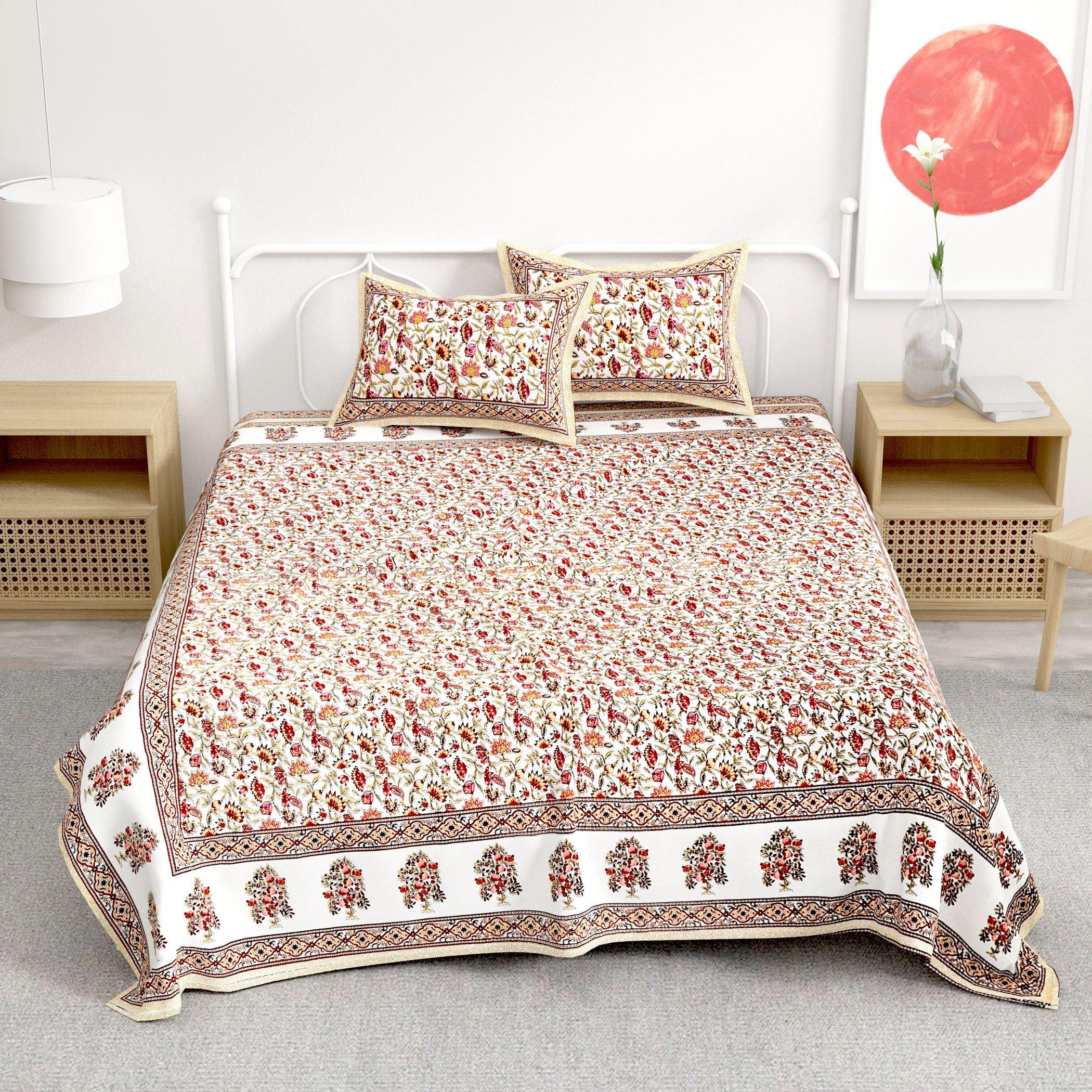 Brown Floral Printed Cotton 300TC Super King Bedsheet With 2 Zipper Pillow Covers - King Size by House of Ree - Distacart