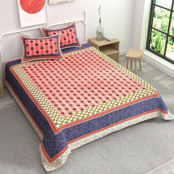 Off Orange Blue Ethnic Motifs Cotton 220 TC King Bedsheet With 2 Zipper Pillow Covers - King Size by House of Ree - Distacart