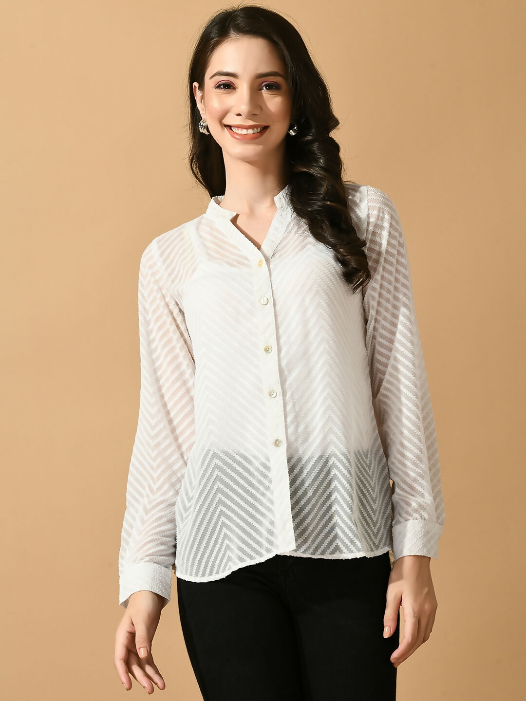 Myshka Women's White Georgette Solid Sheer Shirt - Distacart