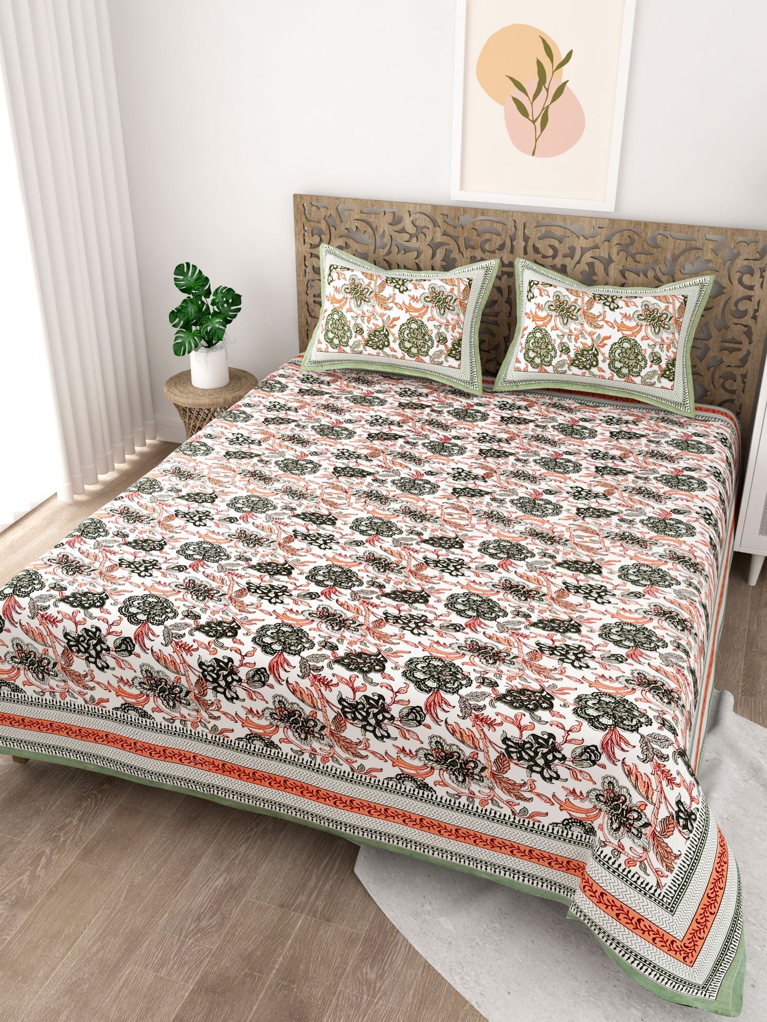 Green Orange Floral Printed Cotton 200TC King Bedsheet With 2 Zipper Pillow Covers - King Size by House of Ree - Distacart