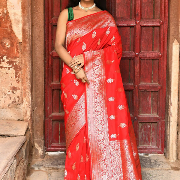 Joban Fashion Red Handwoven & Zari Work Soft Pure Handloom Banarasi Silk Saree
