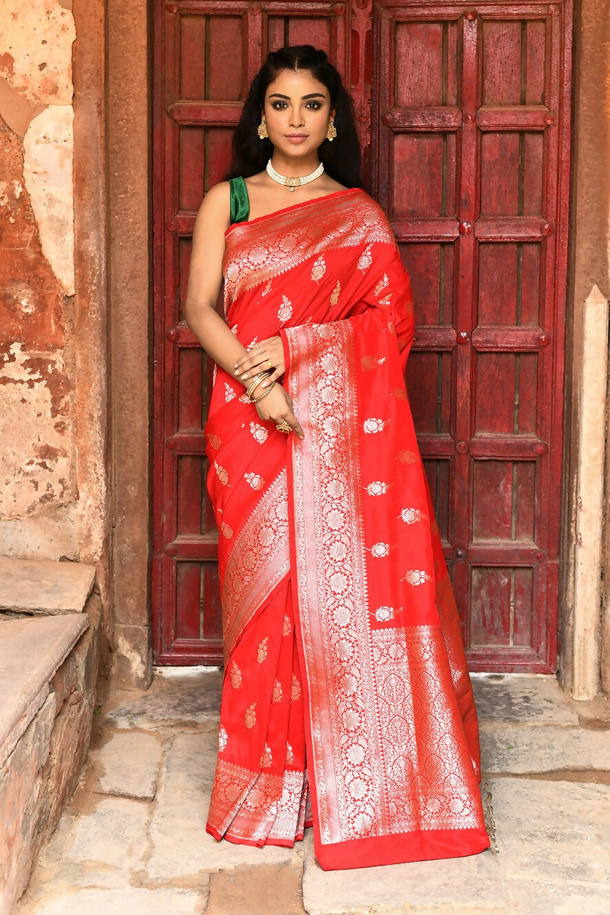 Joban Fashion Red Handwoven & Zari Work Soft Pure Handloom Banarasi Silk Saree - Dista