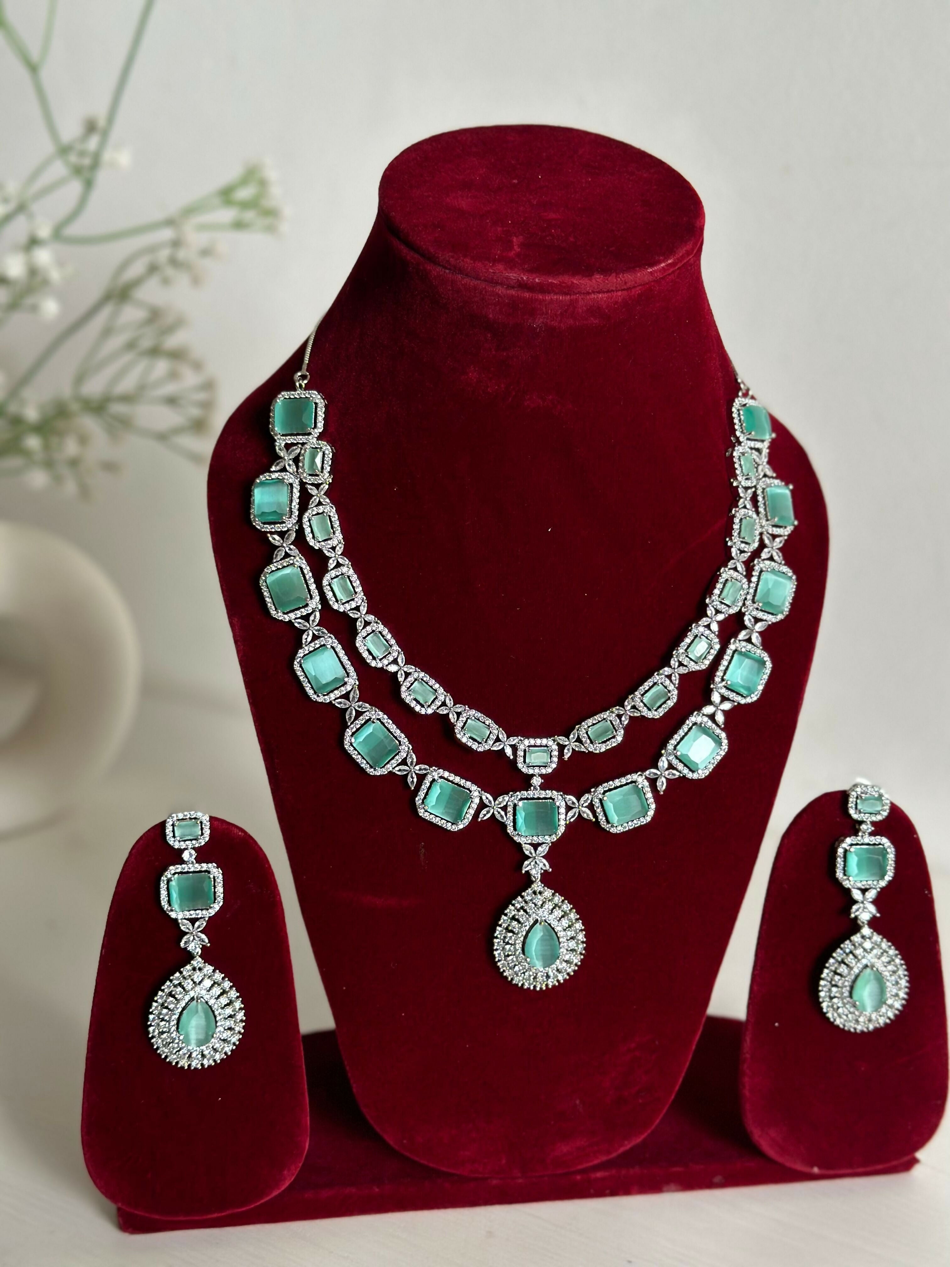 Mint Green American Diamond Two Layer Elegent Necklace Set With Earrings By House of Ree - Distacart