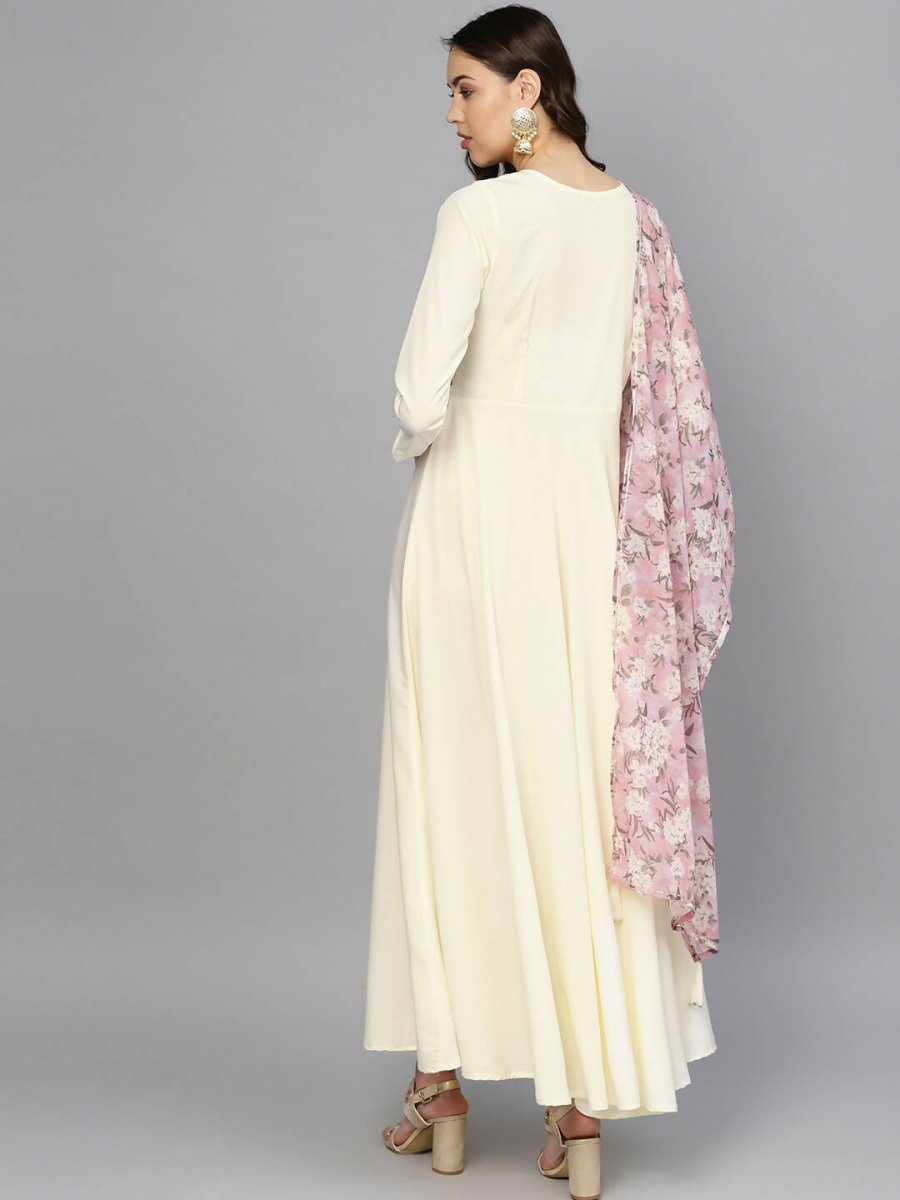 Ahalyaa Women's Cream Crepe kurta With Printed Dupatta Set - Distacart