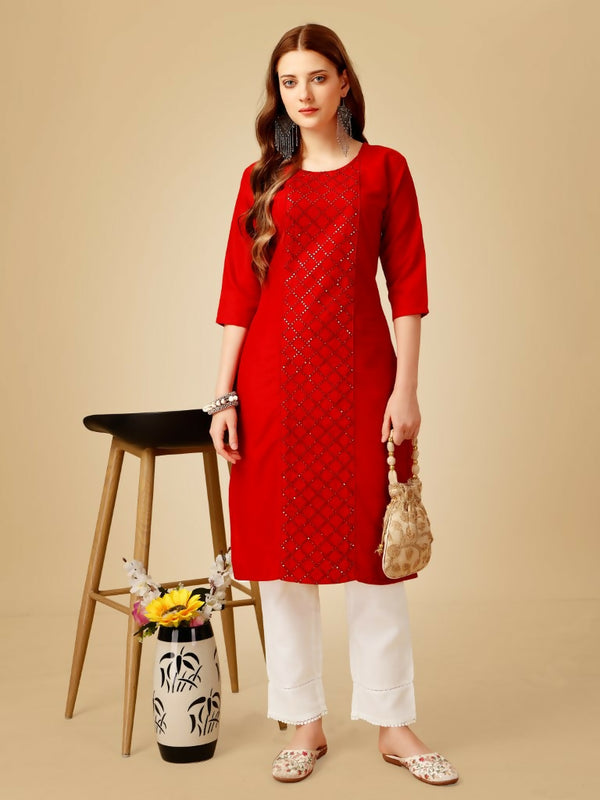 Jyoti Fashion Women's Red Cotton Blend Embroidered Kurta Pant Set - Distacart