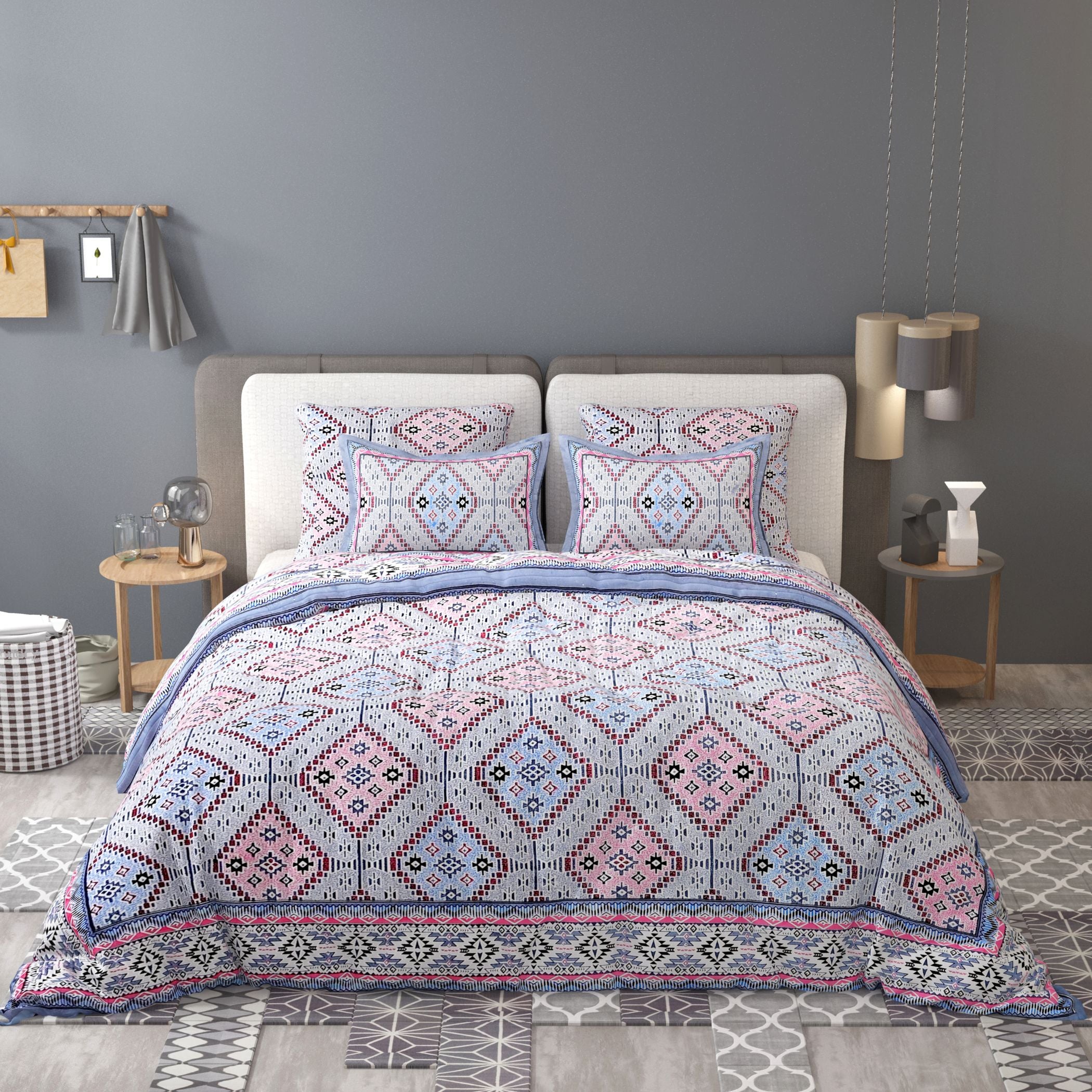 White Blue Ethnic Motifs Cotton 200TC King Bedsheet With 2 Zipper Pillow Covers - King Size by House of Ree - Distacart