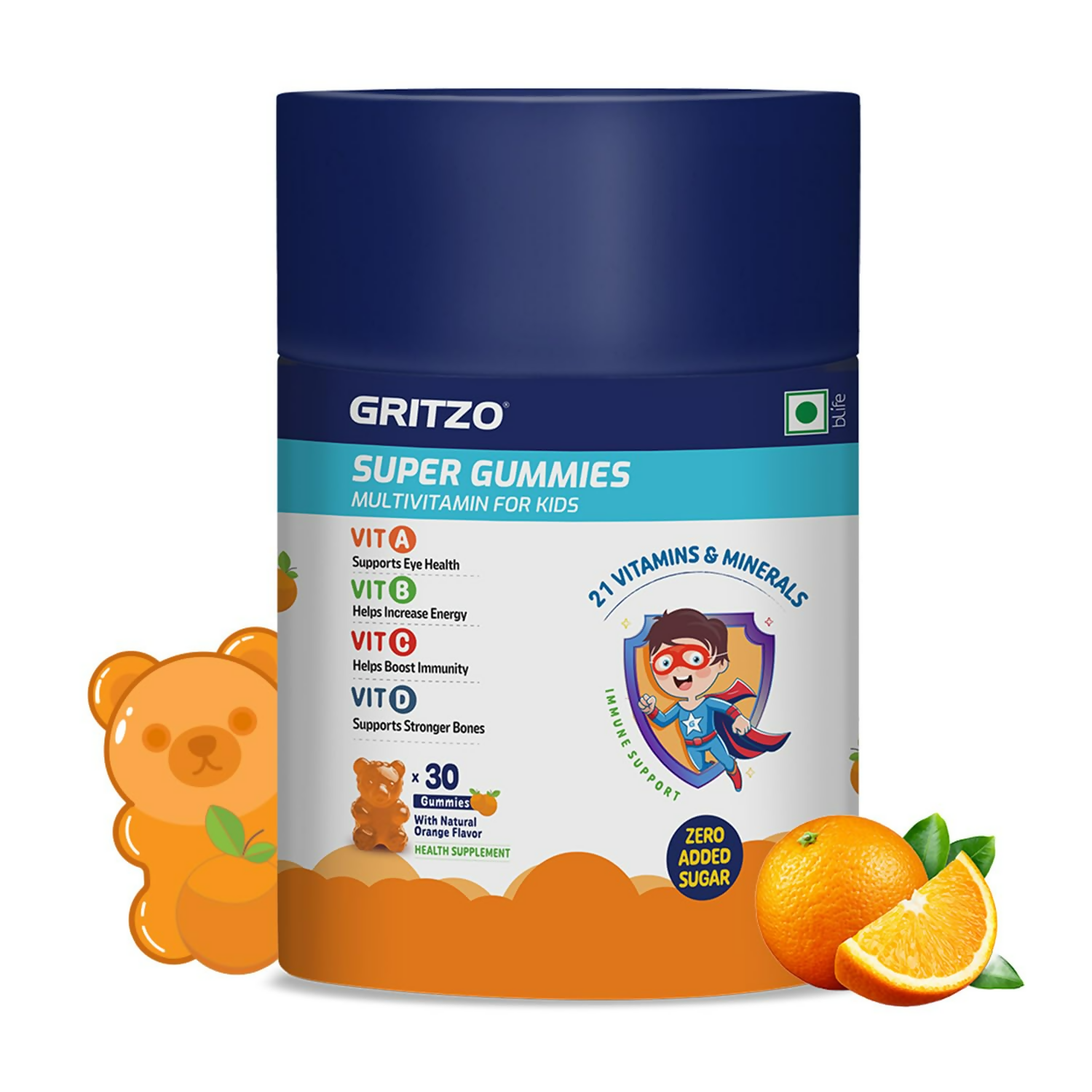 Gritzo Super Gummies, Multivitamin for Kids (Natural Orange Flavour) - Distacart