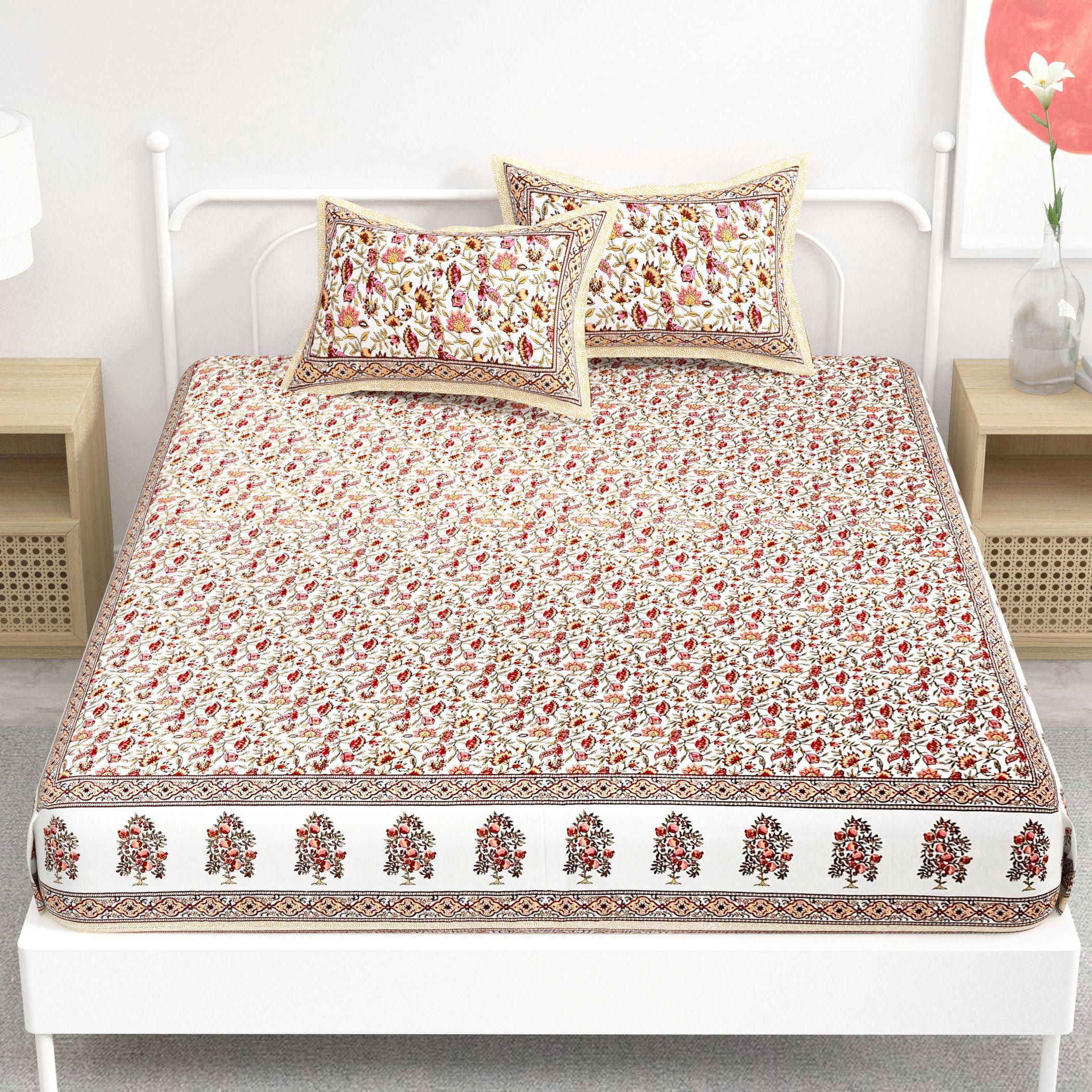 Brown Floral Printed Cotton 300TC Super King Bedsheet With 2 Zipper Pillow Covers - King Size by House of Ree - Distacart