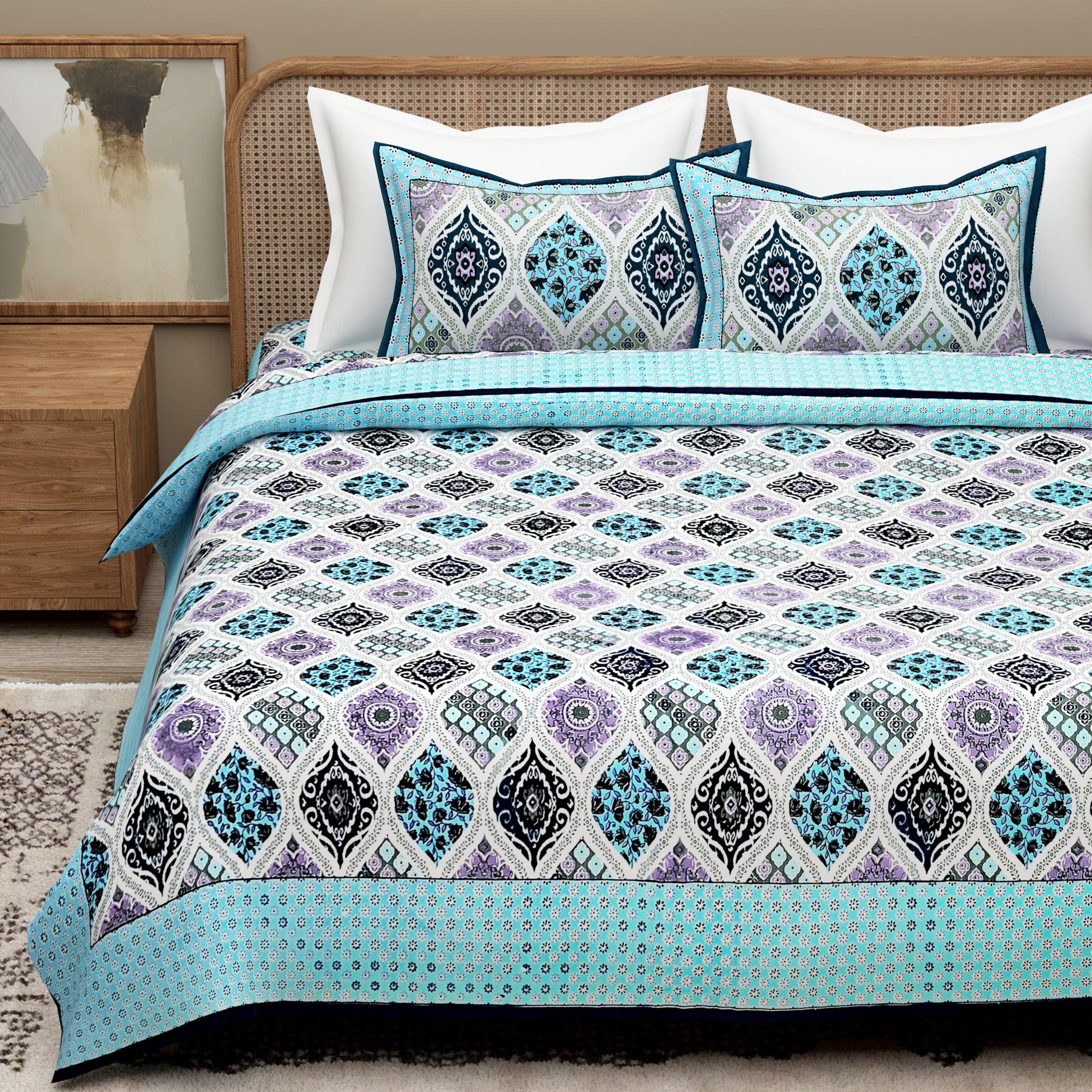 Blue White Ethnic Motifs Cotton 300 TC King Bedsheet With 2 Zipper Pillow Covers - Super King Size by House of Ree - Distacart