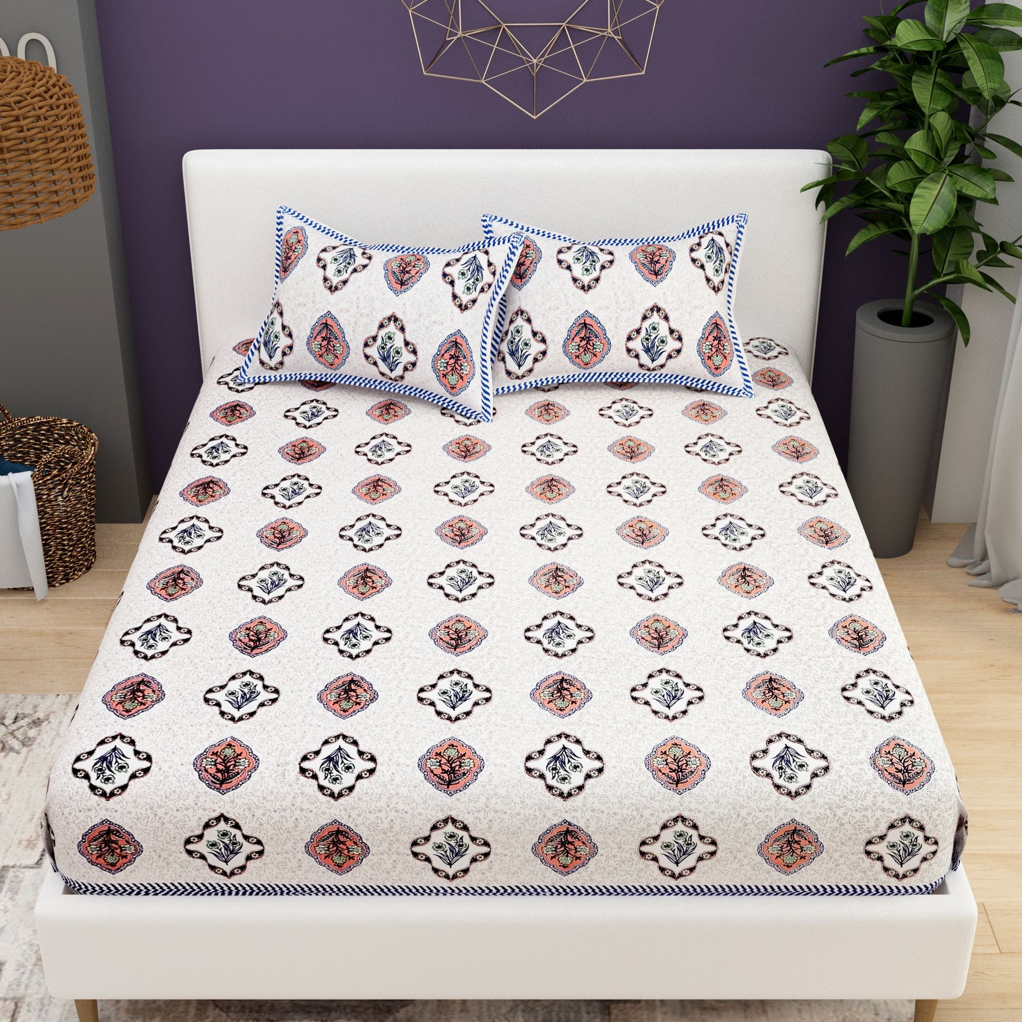 Green White Ethnic Motifs Cotton 200TC King Bedsheet With 2 Zipper Pillow Covers - King Size by House of Ree - Distacart