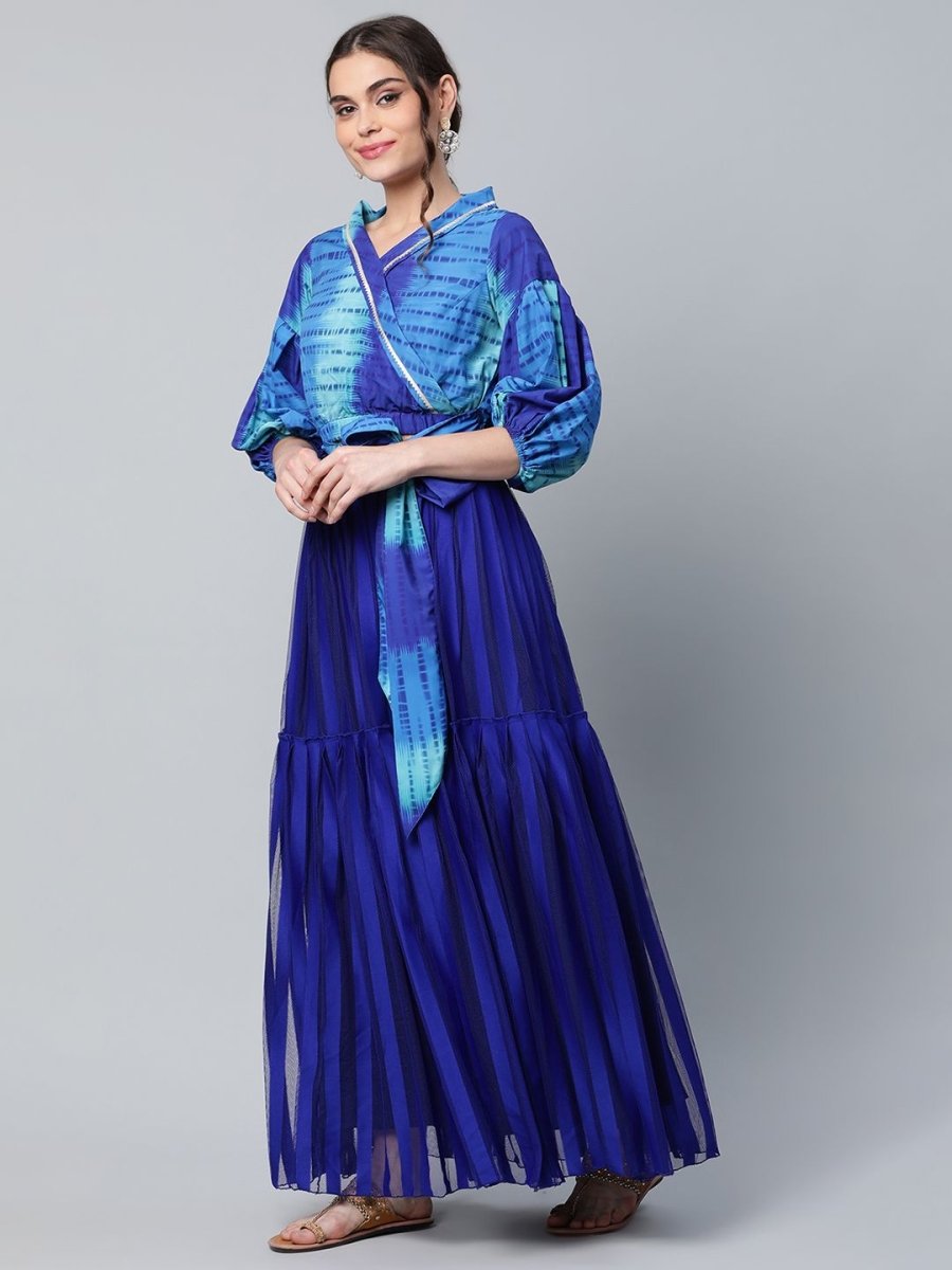 Ahalyaa Women Stunning Blue Crepe Printed Top with Skirt