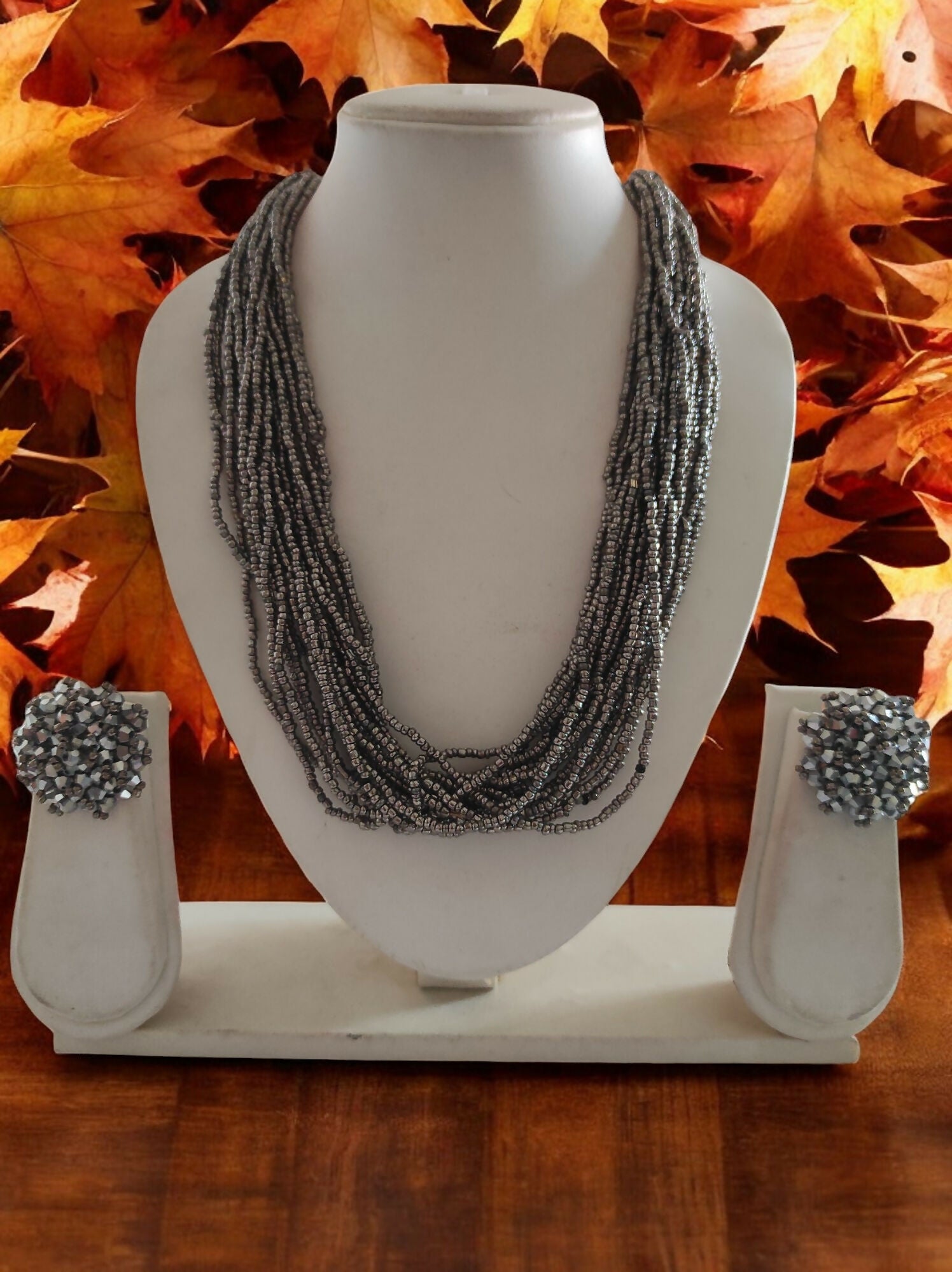 Inhanns Vibrant Handmade 20 Layers Beaded Necklace With Matching Earrings - Gray - Distacart