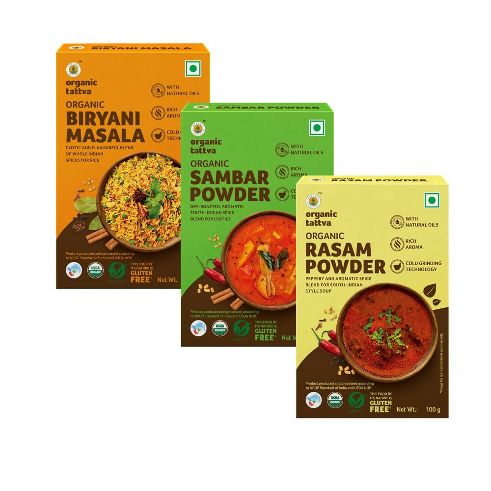 Organic Tattva South-Indian Masala Combo (100 Gm Each)- Sambar Powder, Rasam and Biryani Masala - Distacart