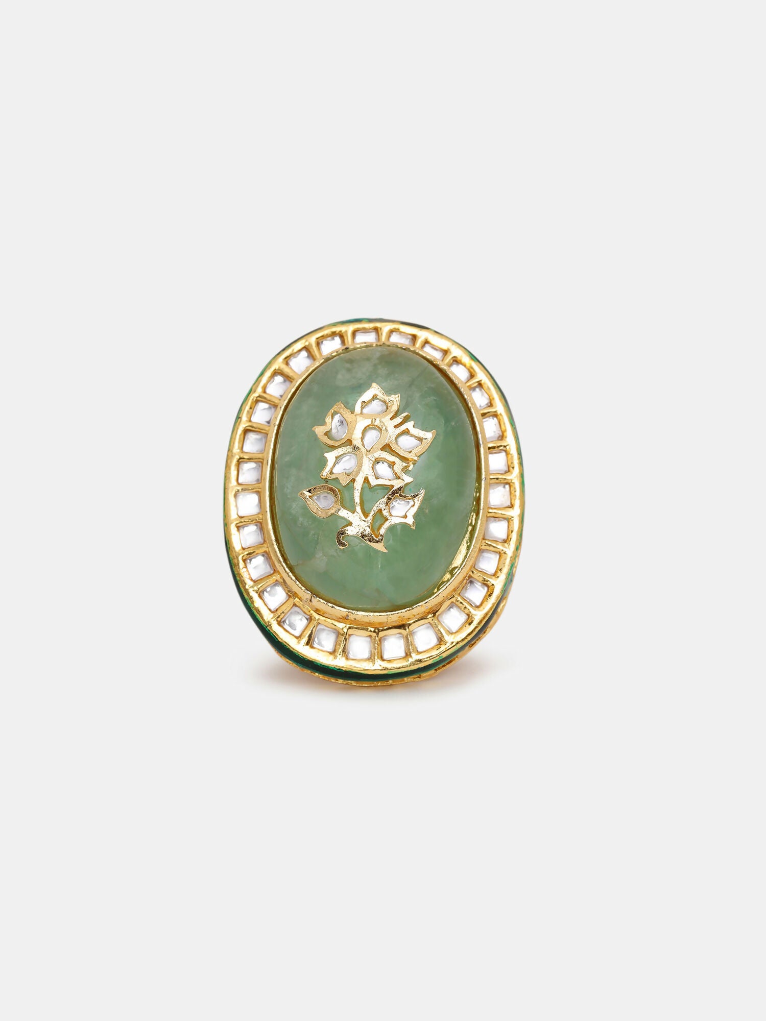 Ruby Raang Gold Polished Green Kundan And Stone Ring