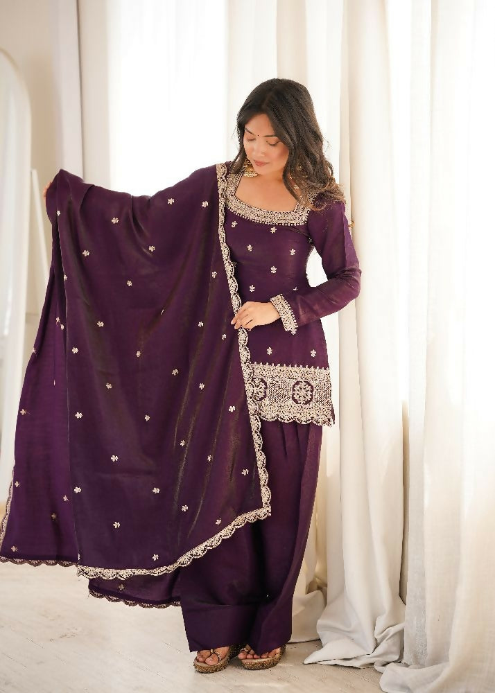 Teeya Creation Deep Wine Embroidered Festive Salwar Suit Set - Dista