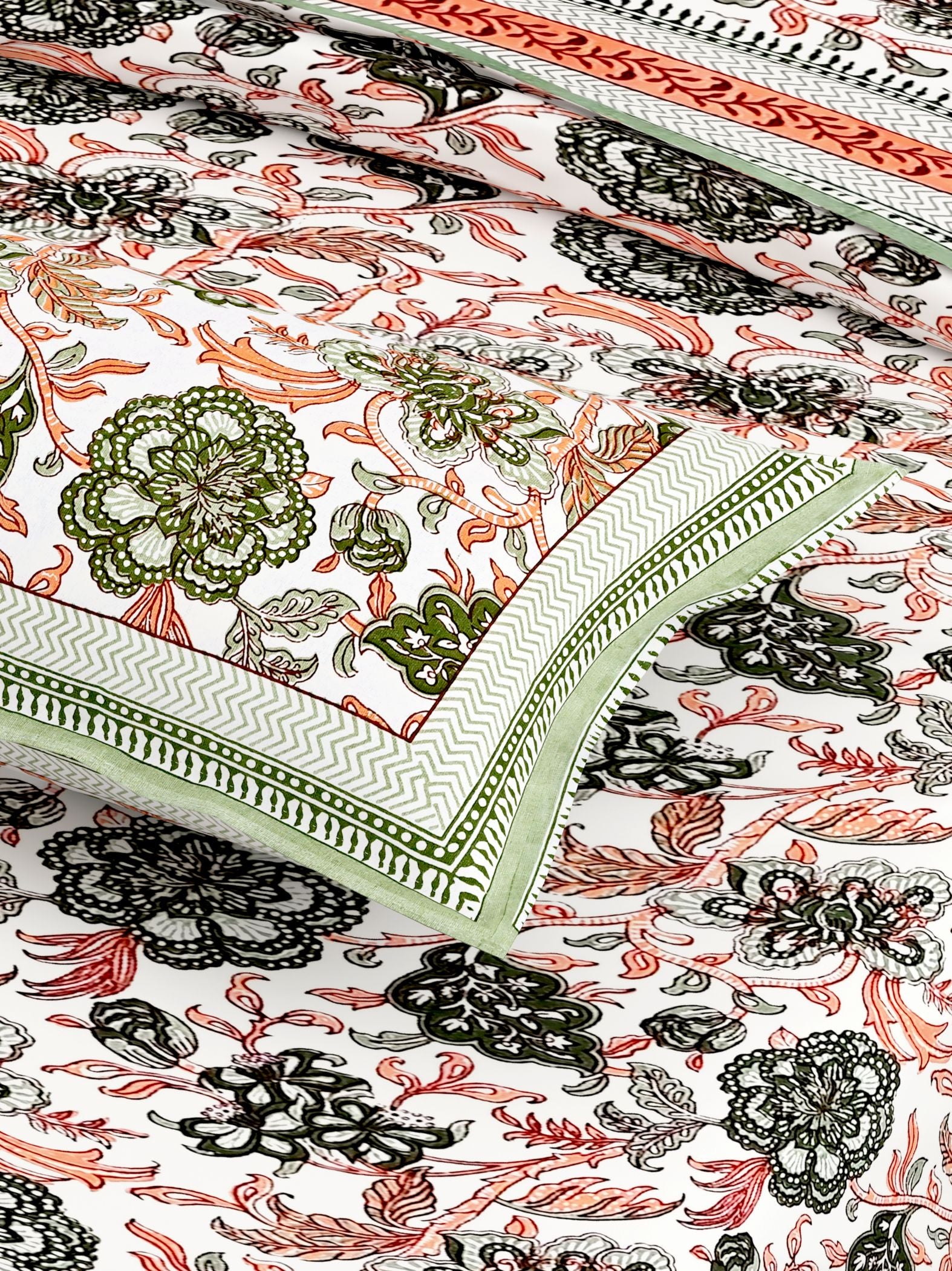 Green Orange Floral Printed Cotton 200TC King Bedsheet With 2 Zipper Pillow Covers - King Size by House of Ree - Distacart