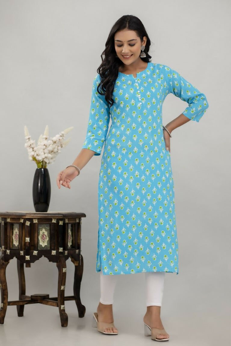 Alvano Printed Straight Kurta for Women and Girls Rayon (Lightblue) - Distacart