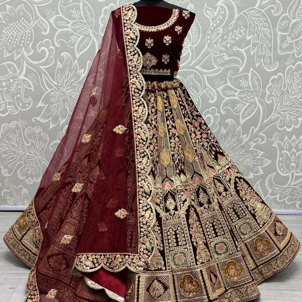 Jyoti Fashion Women's Maroon Velvet Dori, Multi Thread Embroidered with Diamond Work Wedding Lehenga Choli - Distacart