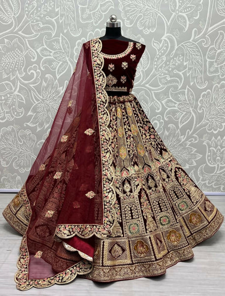 Jyoti Fashion Women's Maroon Velvet Dori, Multi Thread Embroidered with Diamond Work Wedding Lehenga Choli - Distacart