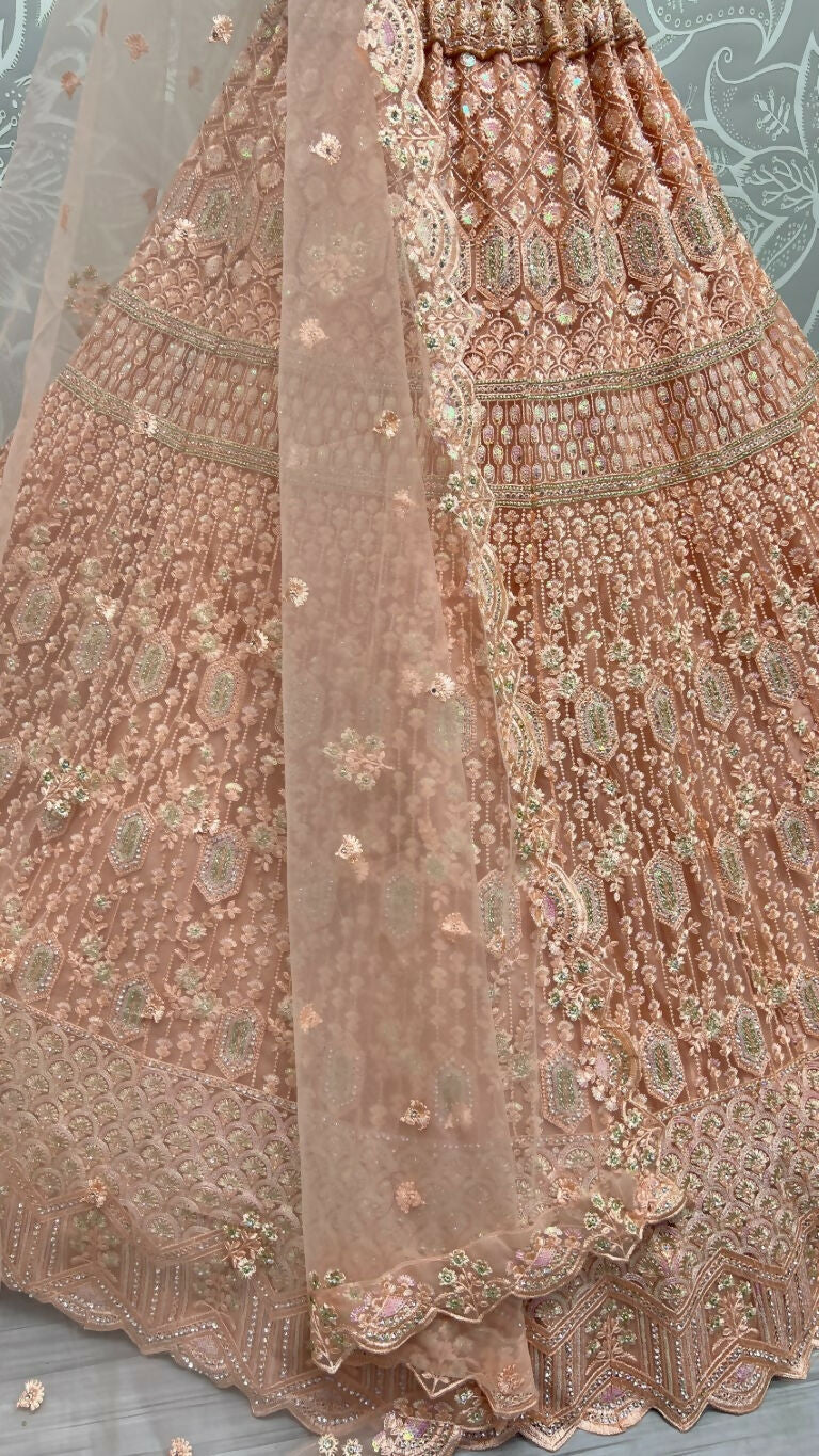 Jyoti Fashion Women's Peach Heavy Net Fancy Dori, Multi Thread, Rainbow Sequins and Diamond Work Wedding Lehenga Choli - Distacart