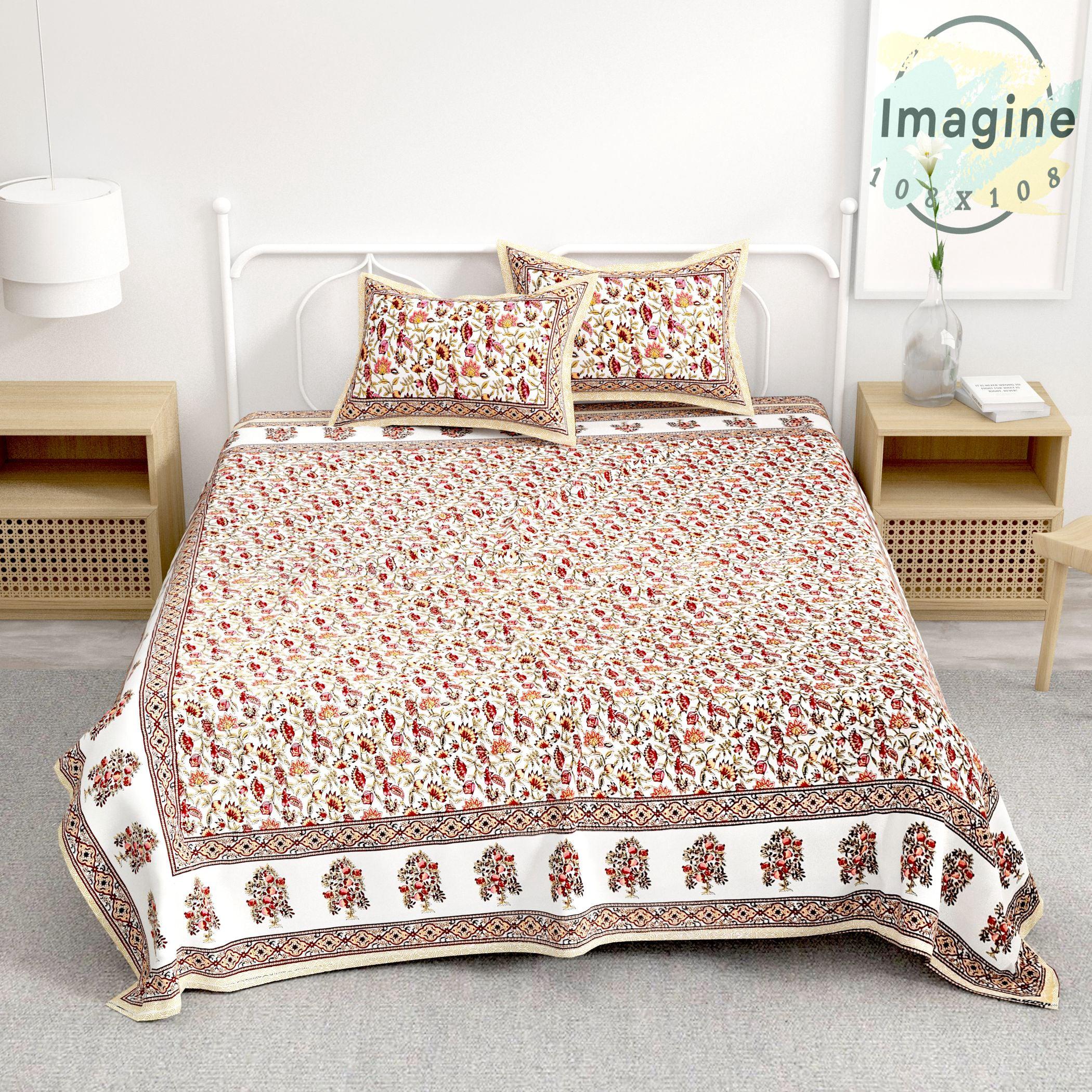 Brown Floral Printed Cotton 300TC Super King Bedsheet With 2 Zipper Pillow Covers - King Size by House of Ree - Distacart