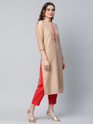 Ahalyaa Women Beige Colour Chanderi Printed Kurta Pant Set - Distacart