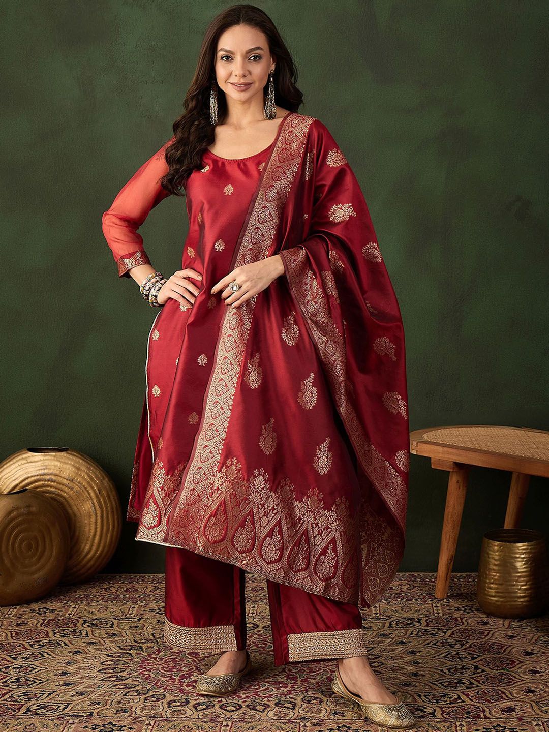 Sangria Woven Design Kurta & Palazzo With Dupatta - Distacart