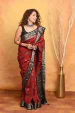 Thumbnail for Very Much Indian Modal Silk Ajrakh Handblock Printed Natural Dyes With Designer Border Saree - Red - Distacart
