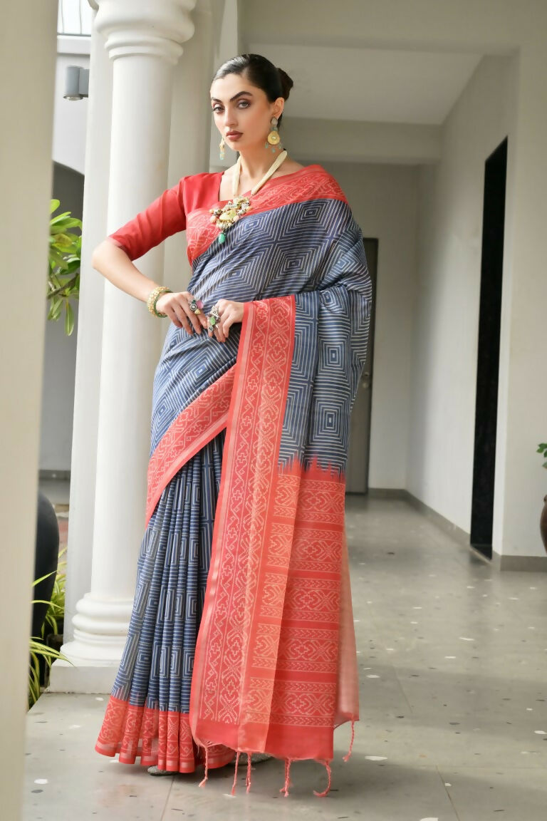 Vishnu Weaves Women's Red Soft Tussar Silk Printed Saree with Blouse