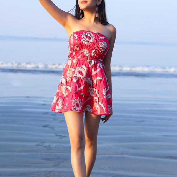 Noroke Linen Red Floral Mini Tiered Dress - Printed - Distacart