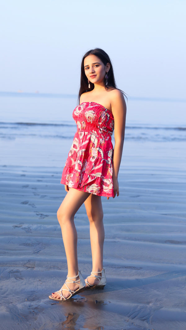 Noroke Linen Red Floral Mini Tiered Dress - Printed - Distacart