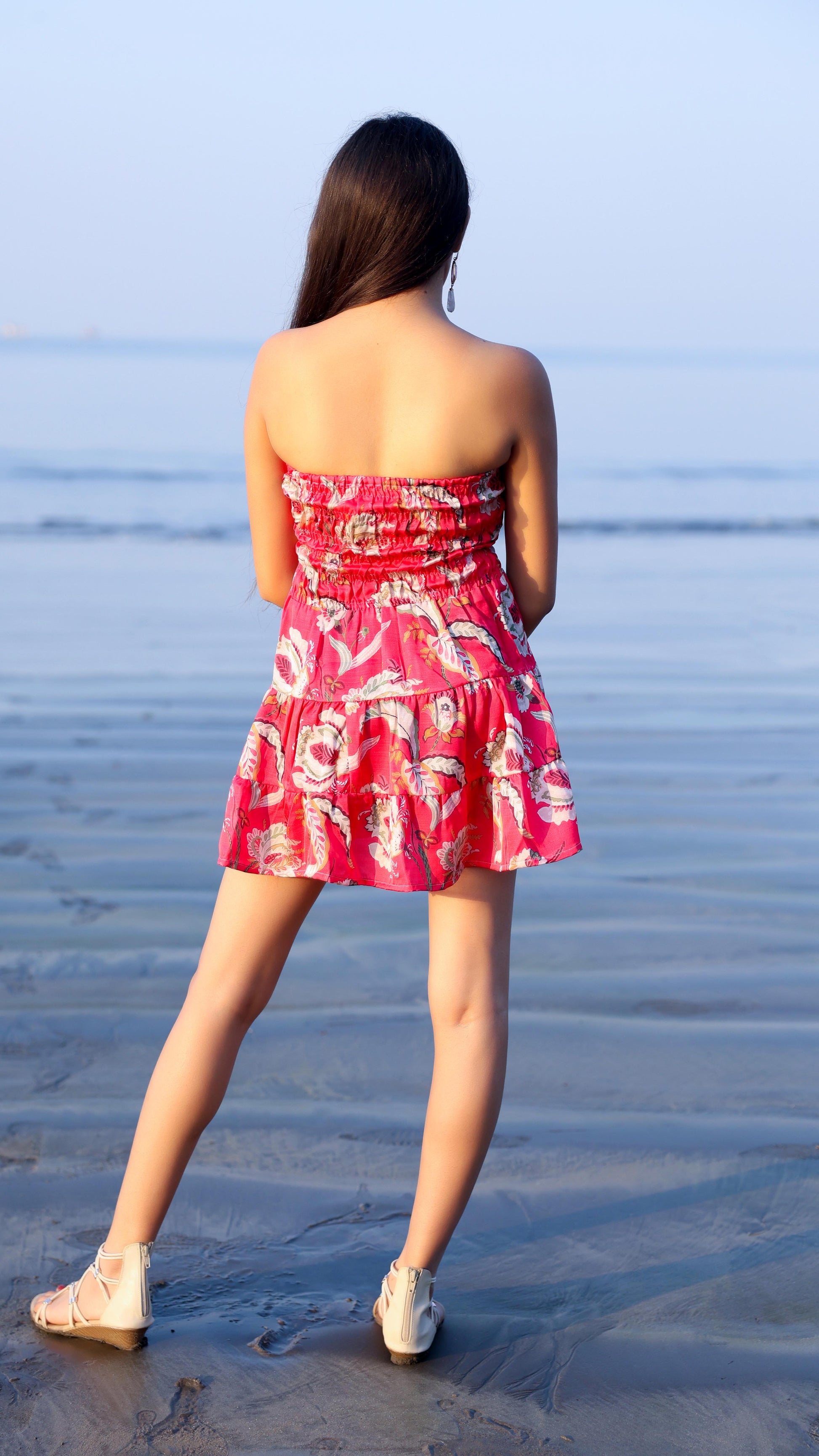 Noroke Linen Red Floral Mini Tiered Dress - Printed - Distacart