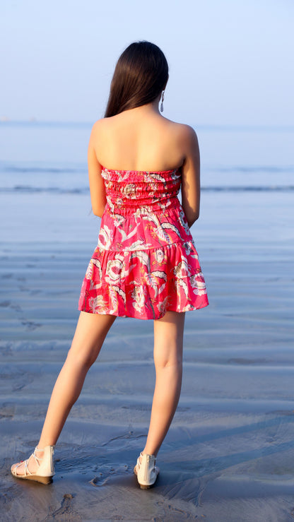 Noroke Linen Red Floral Mini Tiered Dress - Printed - Distacart