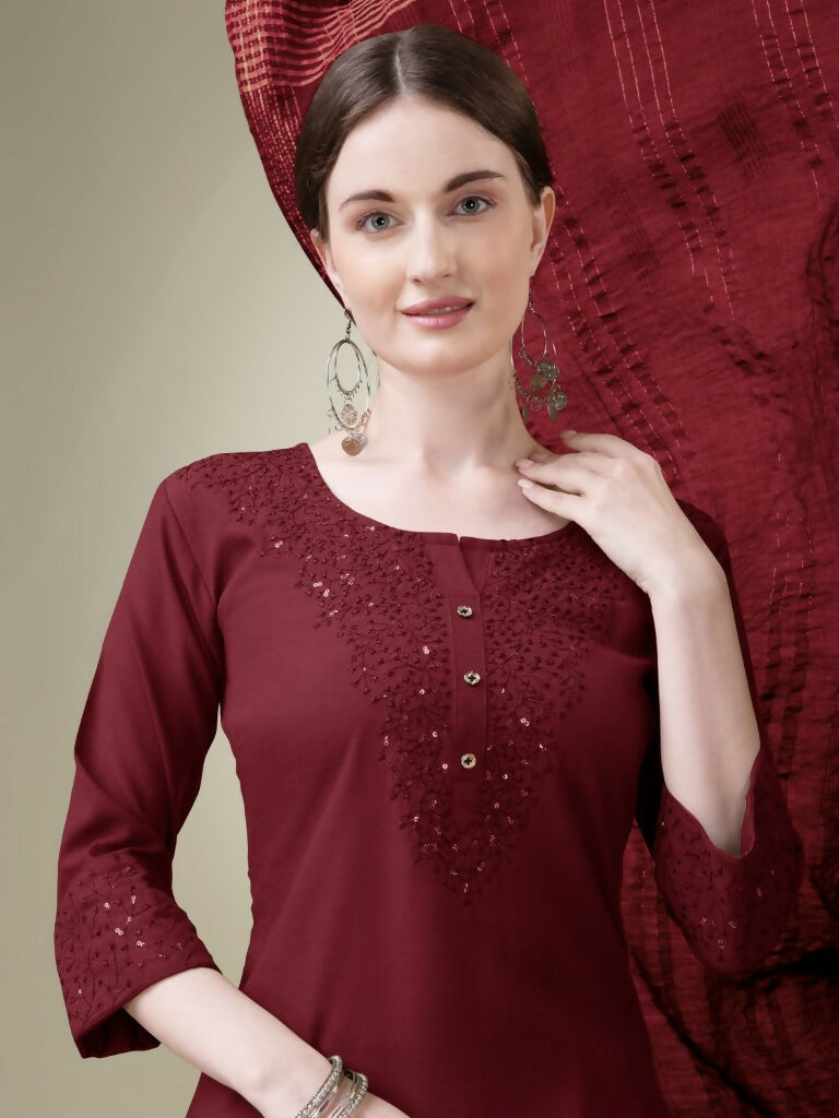 Jyoti Fashion Women's Maroon Cotton Blend Embroidery & Sequence work Kurta with Trouser & Dupatta - Distacart