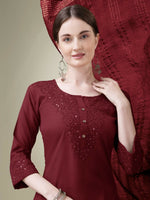 Thumbnail for Jyoti Fashion Women's Maroon Cotton Blend Embroidery & Sequence work Kurta with Trouser & Dupatta - Distacart