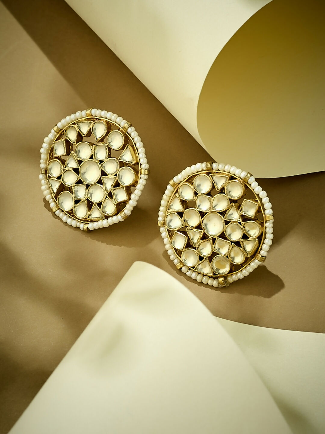 Nuyug 22K Gold-Plated Elegant Kundan Stone Studded & Pearl Beaded Disc Studs