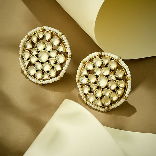Nuyug 22K Gold-Plated Elegant Kundan Stone Studded & Pearl Beaded Disc Studs