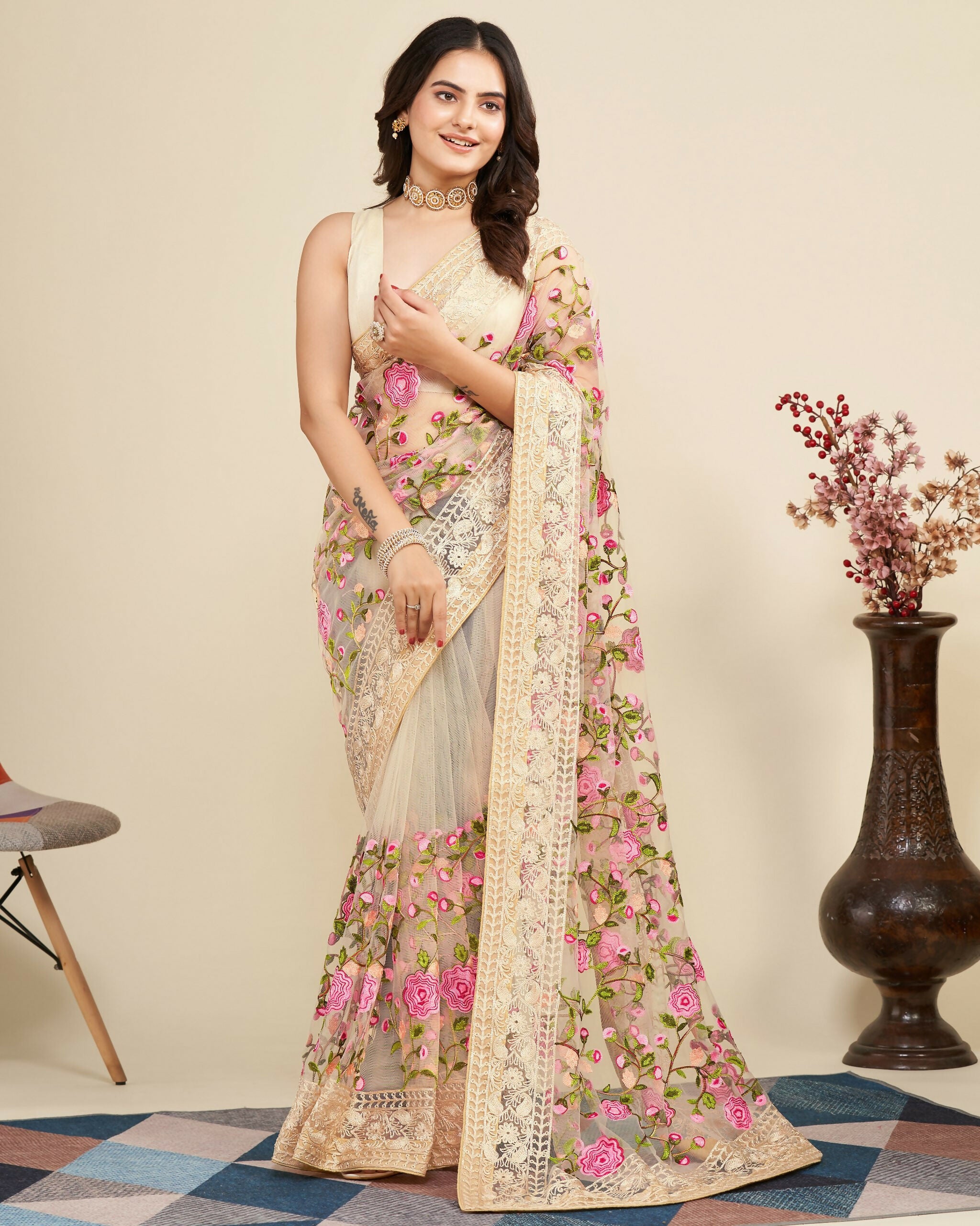Teeya Creation Womens Latest Stylish Party Wear Soft Net Saree-Cream - Dista