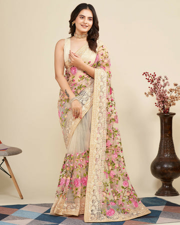 Teeya Creation Womens Latest Stylish Party Wear Soft Net Saree-Cream - Dista