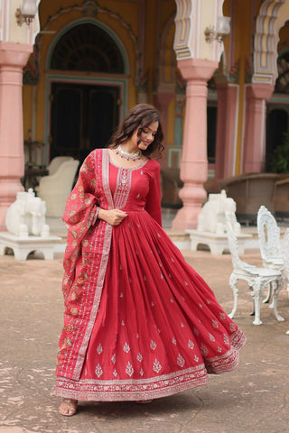 Preksha Creation Indian Festival Special Women Chinon And Sequins Embroidered Work Gown With Dupatta - Red - Distacart